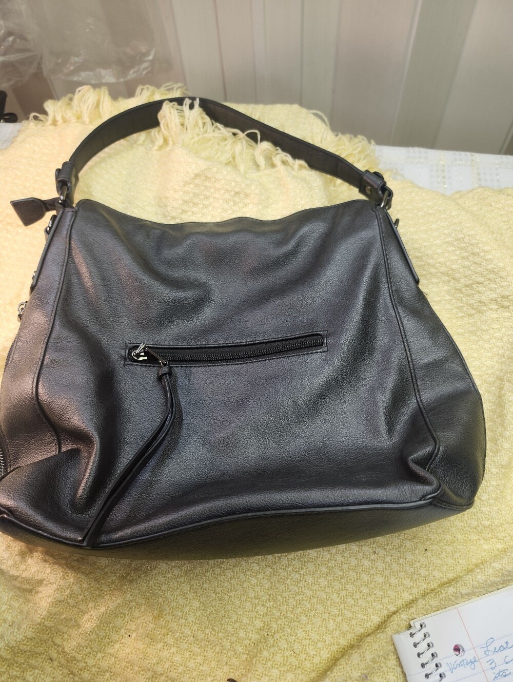 REALER Women's Black Leatherette Shoulder Bag with Front Zip Pocket